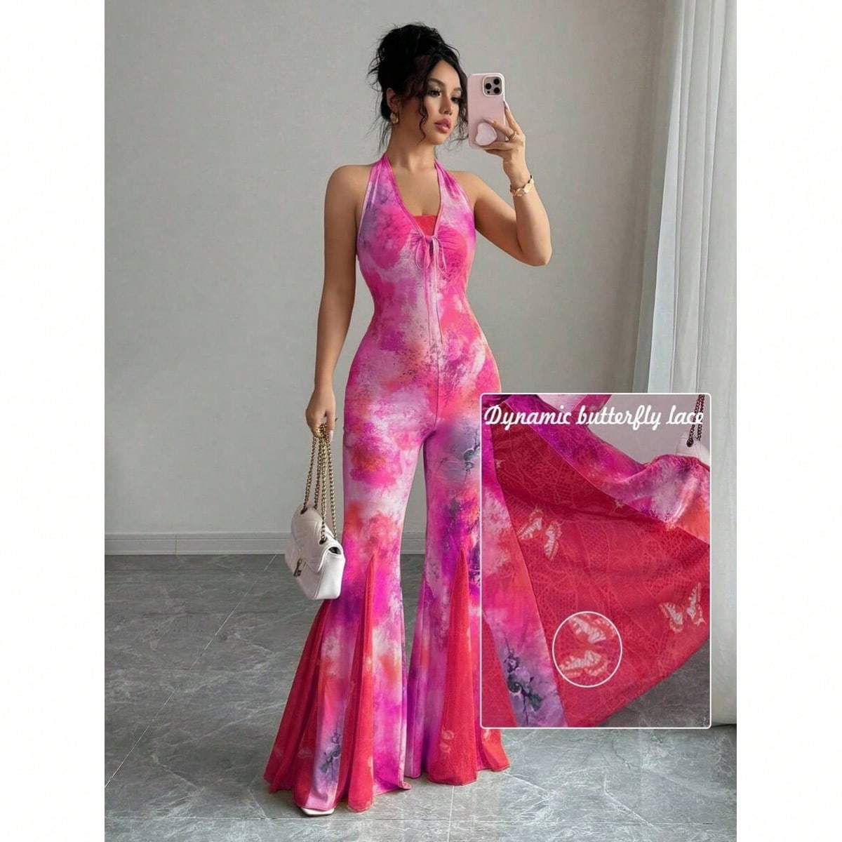 Lace Jumpsuit With Floral Print And Gold Chain Necklace (Random Cut) Halter Jumpsuits For Women Jumpsuits For Women Summer Tie Dye Jumpsuits For Women Wide Leg Jumpsuits For Women