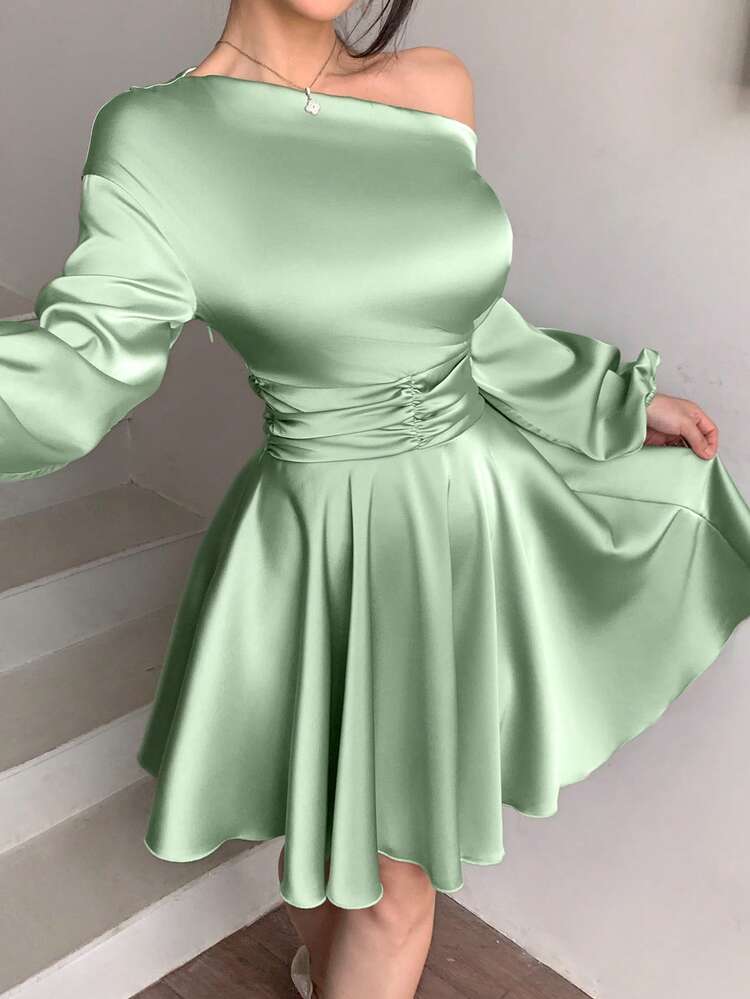 abyoxi Women's Pink Satin, One Shoulder Asymmetric Neckline, Puff Sleeve Long Sleeve, Ruched Cinched Waist, Ruffle Hem Mini Dress, Elegant Sexy, Romantic Young Hot, Party, Date, Wedding, Everyday Going Out, Graduation Season, Dinner Gown, Formal Dresses, Spring Summer Fall Winter Short Dress - Light Green - View 1