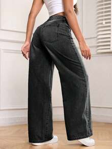 PETITE Jeans de mezclilla holgados de pierna ancha y bolsillos versátiles para mujer - Negro - Ver 2