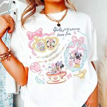 Disney "Girls Just Wanna Have Fun" Bestie Oversized T-Shirt Unisex, 100% Cotton Vintage Short Sleeve Casual Top, Minnie & Daisy Graphic Print Tee - trắng - Xem 1