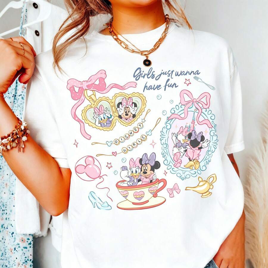 Disney "Girls Just Wanna Have Fun" Bestie Oversized T-Shirt Unisex, 100% Cotton Vintage Short Sleeve Casual Top, Minnie & Daisy Graphic Print Tee - trắng - Xem 1