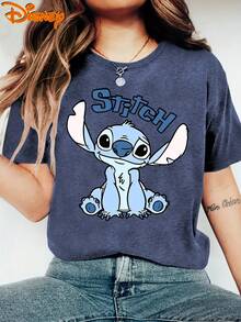 Women's Disney Lilo & Stitch T-Shirt - Genuine Stitch (Lilo & Stitch) Short-Sleeve Top With Double-Sided Print, Round Neck Casual Blouse Tee Suitable For Spring, Summer, Fall, Daily Wear, Vacation Outfits, Sizes S-XXL For & - Royal Blue - View 2