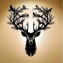 Escultura de pared de metal con diseño de ciervo y árbol, de 1 pieza, 15.75*14.72 pulgadas. |   Regalo de Halloween y Navidad, Decoración de Interior/Exterior Tallada en Metal - TY9619 - Ver 1
