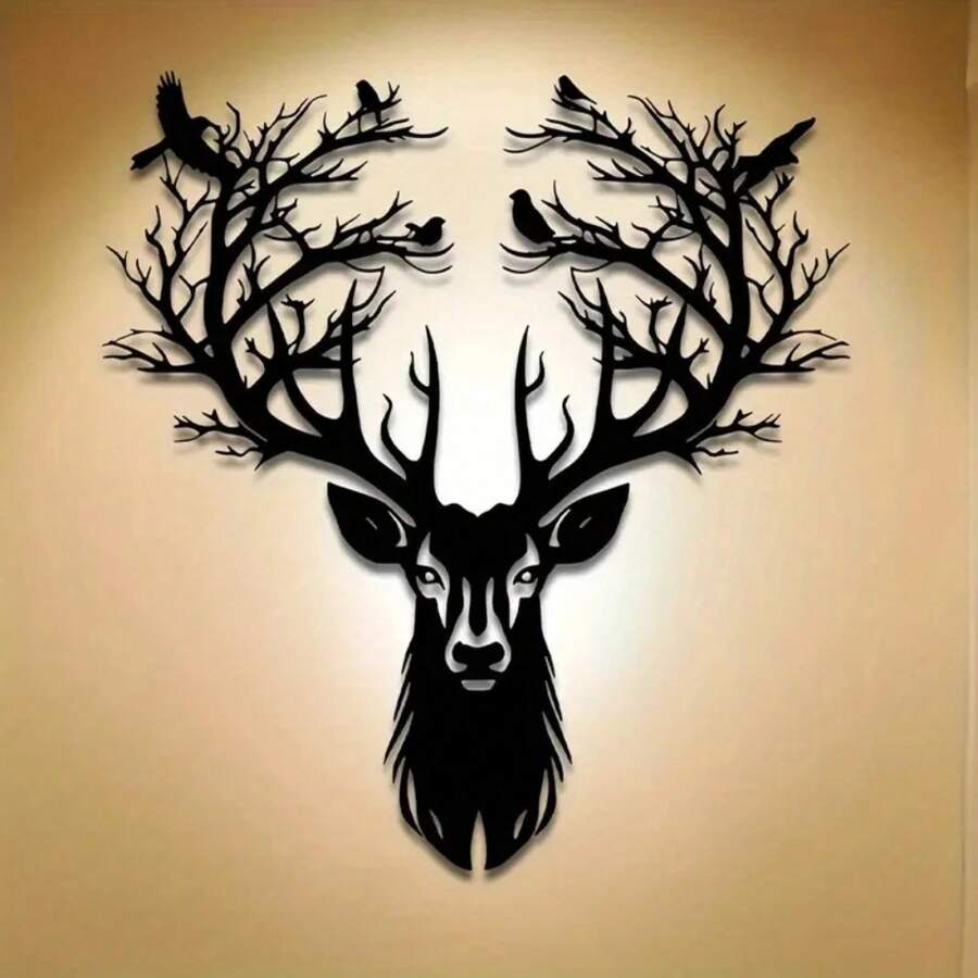 Escultura de pared de metal con diseño de ciervo y árbol, de 1 pieza, 15.75*14.72 pulgadas. |   Regalo de Halloween y Navidad, Decoración de Interior/Exterior Tallada en Metal - TY9619 - Ver 1