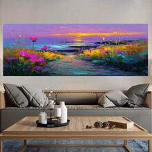 2D Plano, 2D Plano, 2D Plano Una Pieza de Arte de Pared 2D Plano Moderno con una Pintura al Óleo de Flores en la Playa al Atardecer, Perfecto para Decoración de Interiores. Ideal para Aulas, Cocinas, Oficinas en Casa, Baños, Salas de Estar, Dormitorios, Comedores - Enmarcado - Ver 4