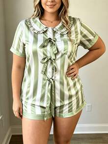 Women's Plus Size Pajama Set Striped Sleepwear Short Sleeve Doll Collar Ruffle Button Down Tops And Shorts 2 Piece Lounge Set - Army Green - View 4