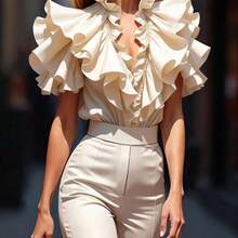 Fashion Women's Clothing  Blusa elegante de unicolor con volantes - Rojo - Ver 2