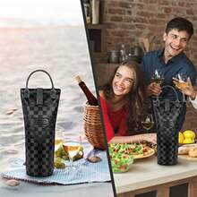 opux - Bolsa de vino para una sola botella bolsa aislada para enfriar vino de viaje para picnic o playa regalo térmico y portátil con un soporte para botellas funda de transporte para mujeres - Cuadro negro - Ver 8
