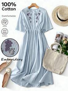 Gaun Liburan Wanita Ukuran Besar dengan Tali Serut Longgar dan Bordir Bergaya Vintage, Elegan untuk Musim Semi/Panas - Baby Blue - View 9