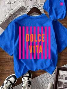 Y2K Style,  Style, The Newest Of 2026, Cute Style, Casual Style. Women's Short-Sleeved T-Shirt With Round Neck, Letter And Stripe Print, Fashionable And Versatile. 180g (S-XXXL) - 藍色 - 查看 9