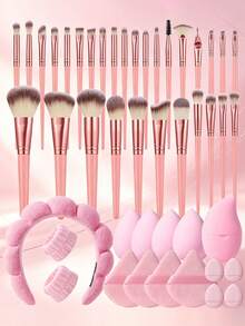 46Pcs All-In-One Premium Makeup Tool Set 30Pcs Professional Makeup Brushes Assorted Sponges & Powder Puffs Hair Hoop Wristbands Facial Ice Compress Tool Complete Beauty Cosmetic Kit - Pink - View 1