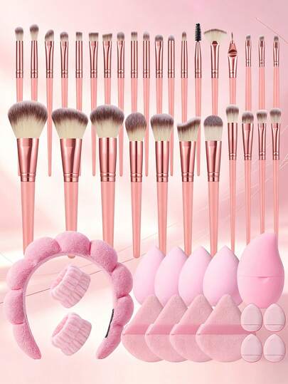 46Pcs All-In-One Premium Makeup Tool Set 30Pcs Professional Makeup Brushes Assorted Sponges & Powder Puffs Hair Hoop Wristbands Facial Ice Compress Tool Complete Beauty Cosmetic Kit