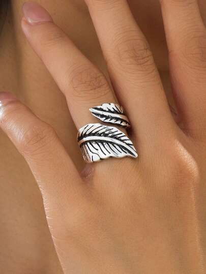 1pc Niche Design Artistic Vintage Silver Leaf Open Ring, Suitable For Summer Daily & Vacation Wear