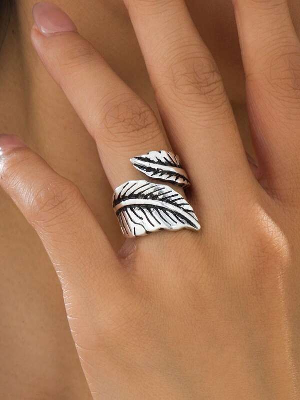 1pc Niche Design Artistic Vintage Silver Leaf Open Ring, Suitable For Summer Daily & Vacation Wear