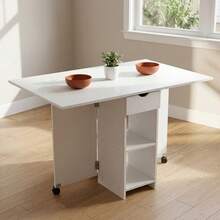 Mobile Folding Dining Table, Drop Leaf Table With 2 Wheels, 2-Layer Storage Rack & Drawer, Extendable Kitchen Table For Small Space, Dining Room, Living Room (White) - White - View 4