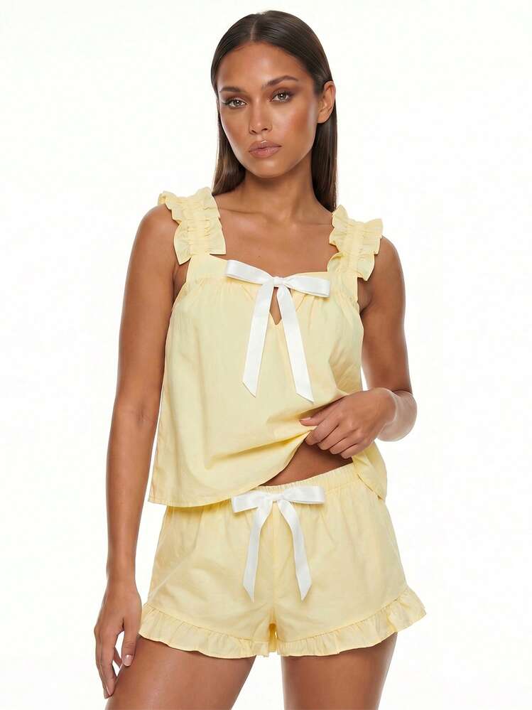Women's Summer Pajama Set Fashionable Bow Decor Tank Tops with Ruffle Shorts 2Pcs Soft Sleepwear - Amarillo - Añade 5