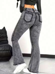 Women's Graphite Flare Jeans, High Waist With Lycra Stretch, Shaping, Butt-Lifting, Bell Bottom Style - 深灰色 - 查看 2