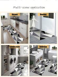 3.5mm Thick Absorbent Rubber Kitchen Mat, Large Or Small Rug, Modern Geometric Abstract Design In Black, White And Gray Tones With Layered Triangle Patterns, Faux Marble Texture Decorative Carpet, Can Be Trimmed To Fit Kitchen, Living Room Or Bedroom - Multicolor - View 7