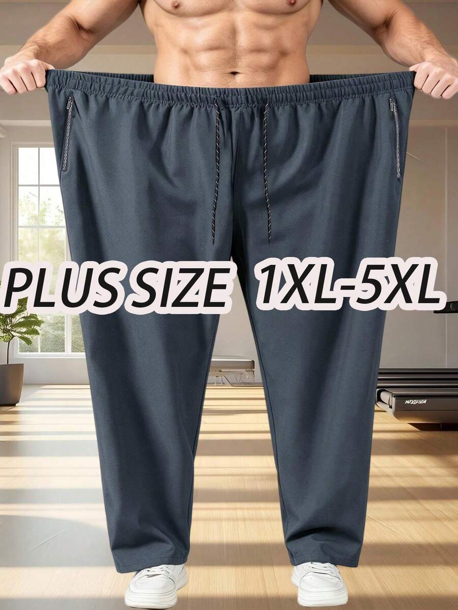 Plus Size Men's Sports Pants 1XL-5XL, Spring/Summer Thin Lightweight Soft Quick-Dry, With Zipper Pockets And Waist Drawstring, For Tall Men's Fall - Grey - View 1