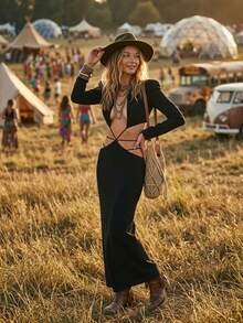 Evening Gown With A Dramatic Back And Asymmetric Waist Cutout On Long Sleeves - 黑色 - 查看 3