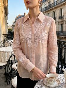Blusa de manga larga de gasa con encaje bordado francés, camisa de oficina de manga larga con aplique de unicolor para mujer rosa - Rosa - Ver 10