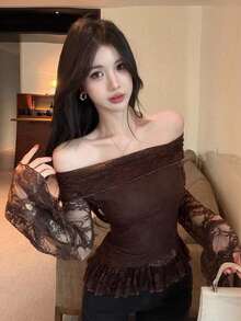 Blusa de manga larga con hombros descubiertos y malla transparente con estampado floral diminuto para mujer, ropa de mujer para salir en Pascua - Café integral - Ver 9