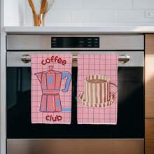 2pcs Kitchen Towels, Pink Plaid & Stripe Coffee Themed Print, 40*60cm Absorbent Microfiber Dish Cloths, Hand Towels, Kitchen Decor, Housewarming Gift, Suitable For Kitchen & Bathroom, Great For Homemakers & Family Gatherings, - Pink - View 5