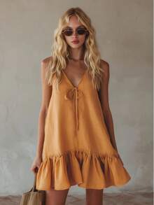2026 Summer New Vintage Resort Style V-Neck Sleeveless Ruffle Loose Dress - White - View 6