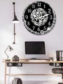 1 Stück 2D flache Holz Wanduhr, schwarzer Hintergrund mit Diamant Dekor, runde Uhr, glänzender Strass Rahmen, geometrisches synthetisches Edelstein Design, geeignet für Wohnzimmer, Schlafzimmer, Büro, Hotellobby, Esszimmer Dekoration - Verschiedenfarbig - Übersicht 5