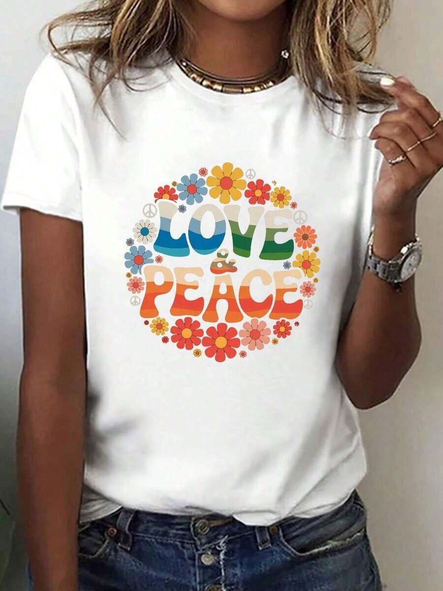 Summer Outfits For Women: Hippie-Style LOVE & PEACE Graphic T-Shirt For Women – Short-Sleeved Round Neck Casual Top With Bright Floral And Peace Symbols, Medium Stretch, Machine Washable Fabric For Summer And Spring, Everyday Wear, Retro Fashion, Non-Transparent Material, Loose And Comfortable Tops. - 白色 - 查看 1