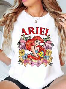 Ariel Princess With Flowers And Flounder Print Disney Women T Shirt Round Neck Short Sleeve Casual Summer Wear For Everyday And Birthday Gifts Soft Comfortable 220g - trắng - Xem 1