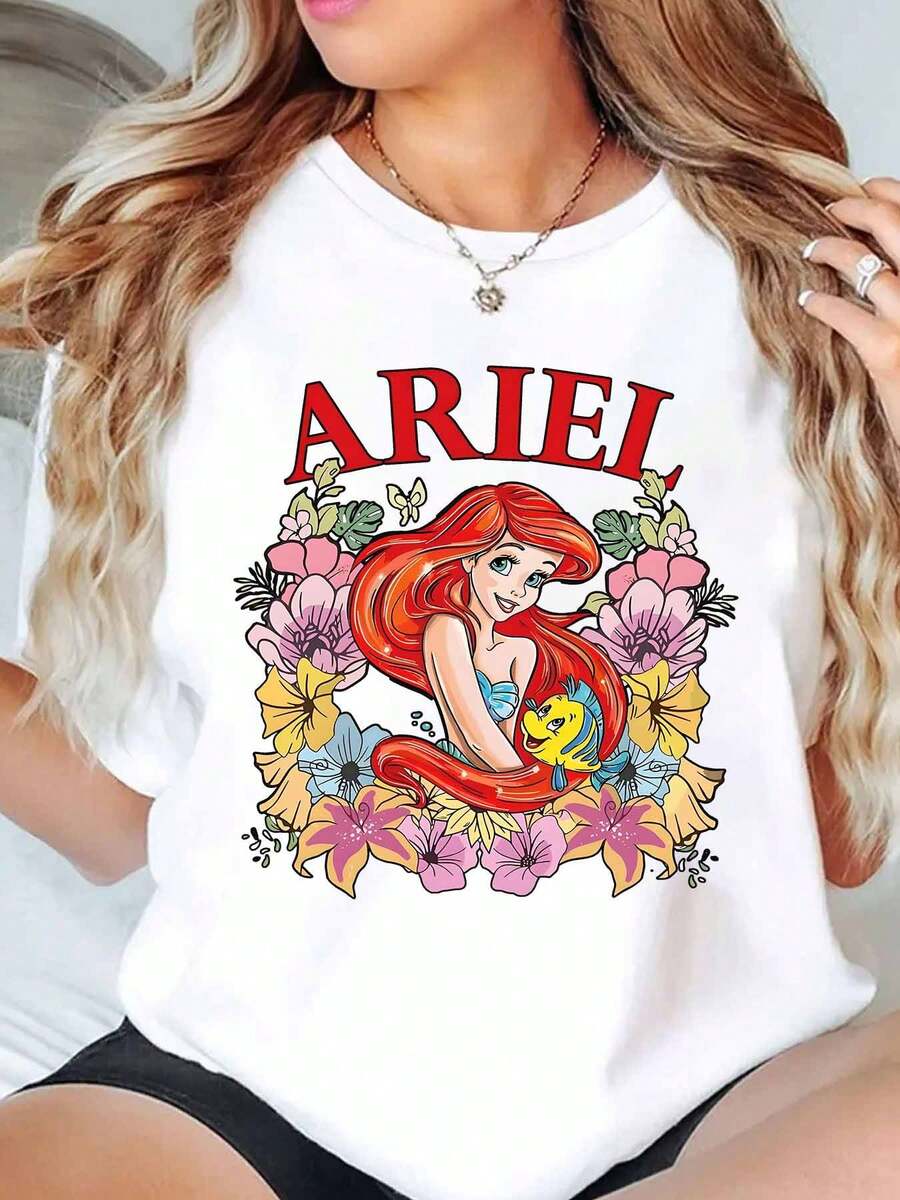 Ariel Princess With Flowers And Flounder Print Disney Women T Shirt Round Neck Short Sleeve Casual Summer Wear For Everyday And Birthday Gifts Soft Comfortable 220g - trắng - Xem 1