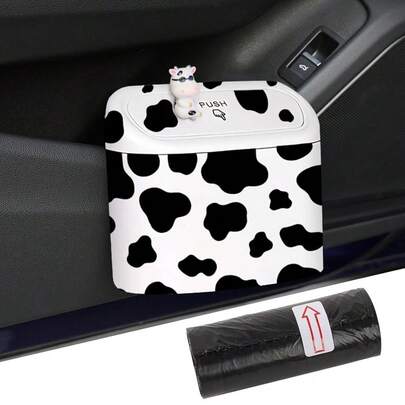 Car Cow Print Trash Can  White Garbage Organizer Holder With Black Trash Bag Rolls Cute Automotive Dustbin For Most Cars Interior AccessoriesCar Ac