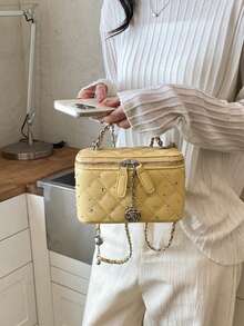 1pc BEIKAMU Rhombus Pattern Handbag Box Design, Fashionable Lipstick & Coin Purse, Elegant Chain Shoulder Crossbody Bag - Yellow - View 8