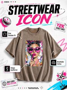 100% Pure Cotton Men's And Women's Universal Style Vintage Washed T-Shirt, Cartoon Girl Fun Red Lipstick Color, Urban Graffiti Portrait - 摩卡棕 - 查看 3