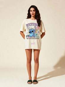 Disney Lilo & Stitch Cute Stitch & Scrump Graphic Oversized T-Shirt, Retro Cartoon Sweetheart Vacation Tee For Women - White - View 2