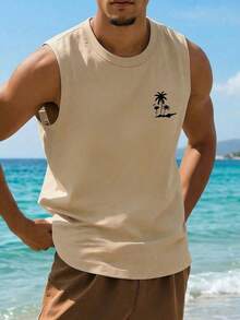 1pc Men's Casual Coconut Tree Print Round Neck Tank Top, Summer - Apricot - View 2
