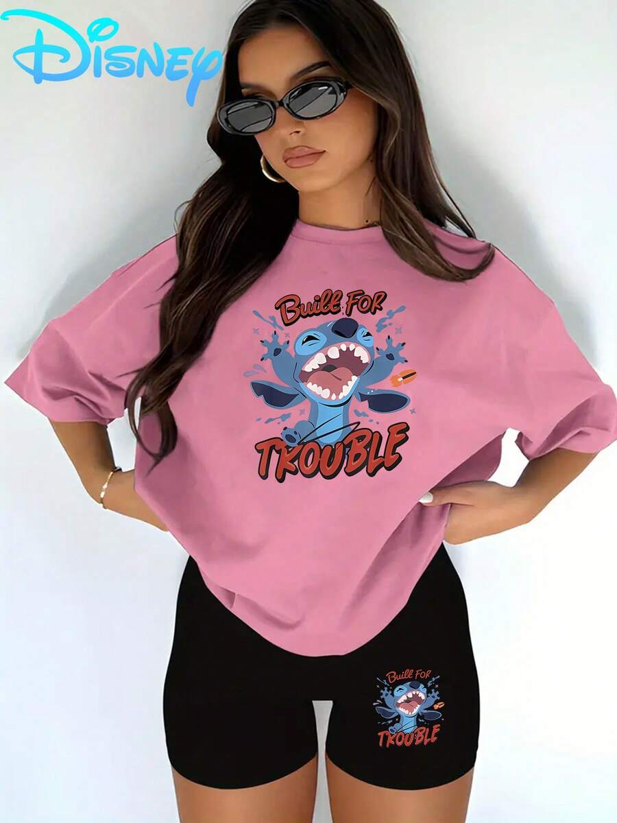 Lilo & Stitch "Built For Trouble" T-Shirt & Biker Shorts Setwomen's Casual T-Shirt And Yoga Pants Set, Perfect For Summer Travel And Relaxing At Home. Disney Licensed Stylish, Soft, And Comfortable Sportswear Set. - 粉色 - 查看 1