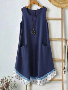 EMERY Vestido de verano casual de talla para mujer, de color verde militar sólido, sin mangas, con volantes en el bajo y parches de encaje en la espalda - Azul - Ver 8