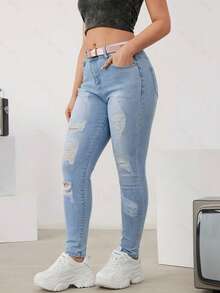 Jeans ajustados elásticos con roturas estilo casual juvenil - azul claro - Ver 4