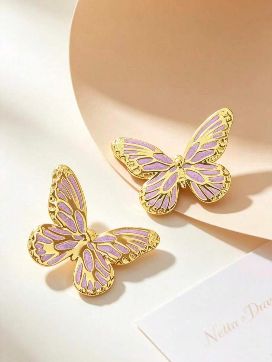 1 Pair Vintage Butterfly Stud Earrings, Lavender Enamel Wing Design With Gold Trim Stainless Steel, Elegant Jewelry, Suitable For Party, Date, Daily Wear - Multicolor - View 1