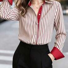 Fashion Women's Clothing Camisa de mujer de manga larga con cuello, con ribete de contraste rojo, bajo asimétrico, camisa polo de rayas verdes y rojas, elegante y casual francesa, para uso diario, primavera - Burdeos - Ver 1
