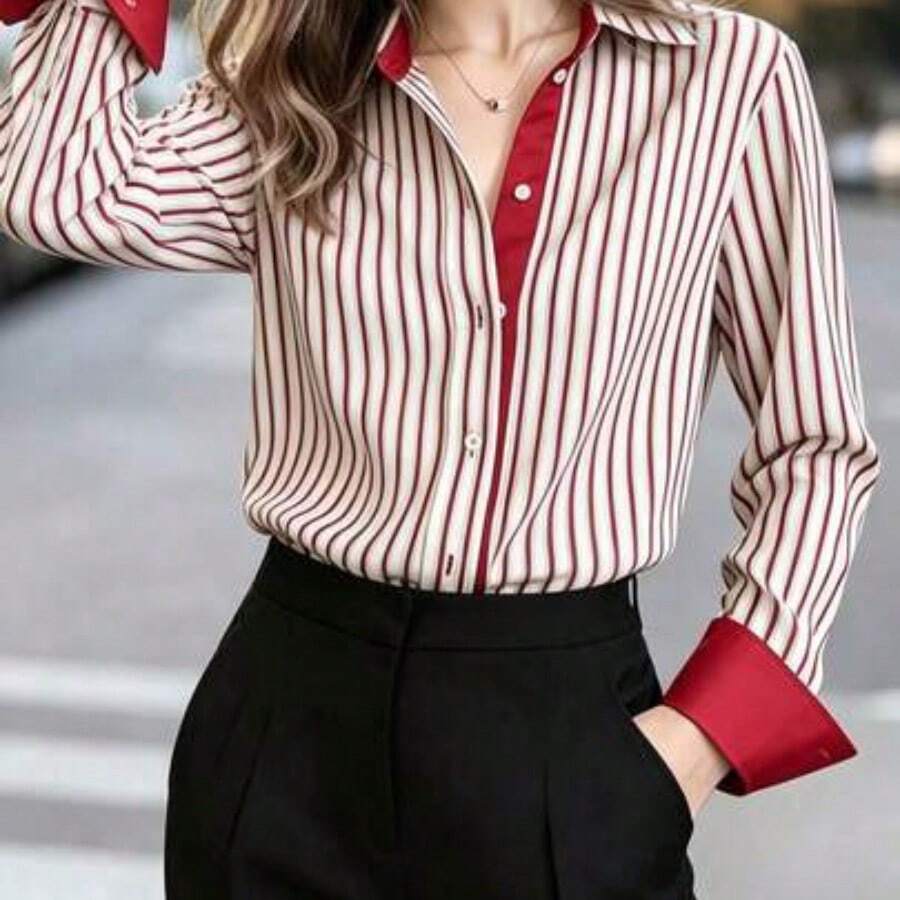 Fashion Women's Clothing Camisa de mujer de manga larga con cuello, con ribete de contraste rojo, bajo asimétrico, camisa polo de rayas verdes y rojas, elegante y casual francesa, para uso diario, primavera - Burdeos - Ver 1
