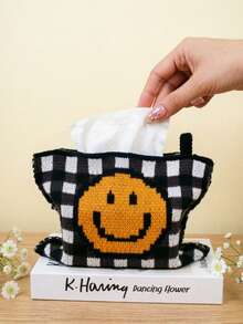 1pc Plaid Woven Tissue Box Cover, Vintage Geometric Pattern With Smiling Face Jacquard Knit, Fits Standard Tissue Boxes - Multicolor - View 8