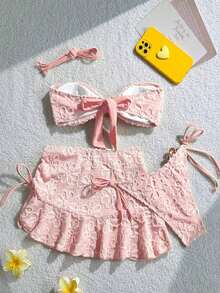 Swim Mod Set de 3 piezas: Top corto de tirantes finos, Bottom de triángulo con lazos laterales y minifalda con volantes y cordón - Rosa - Ver 2