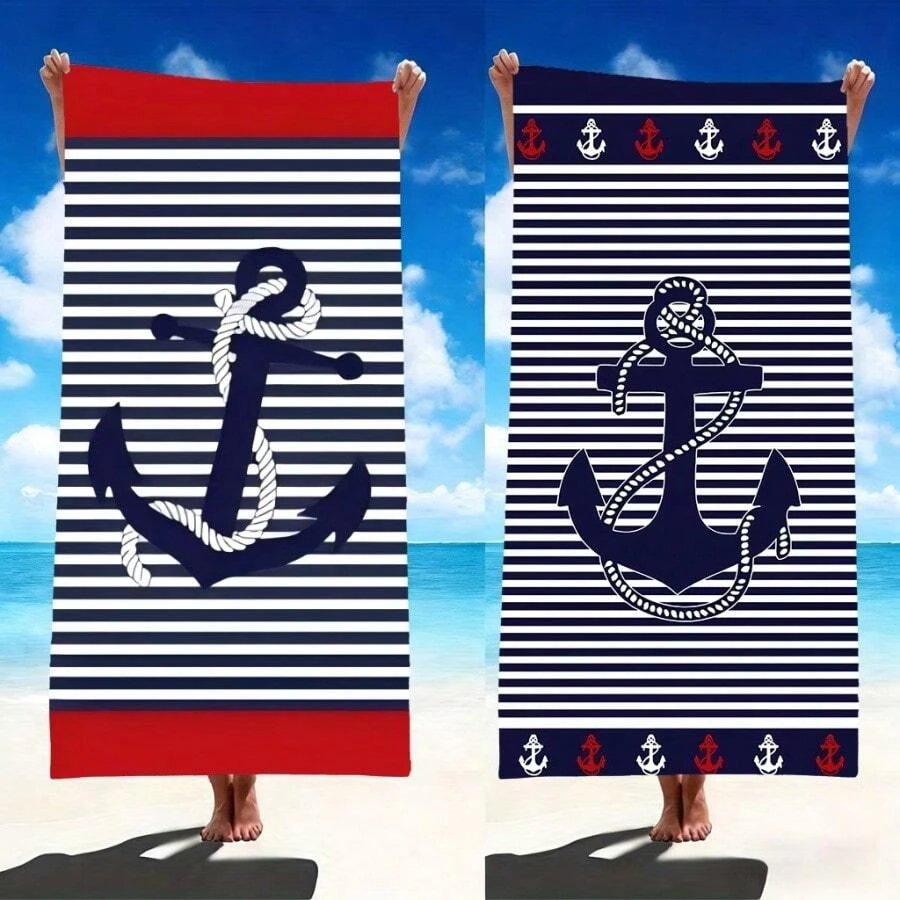 2件組海洋主題快乾海灘毛巾情侶套組 - 由柔軟耐用的聚酯纖維和超細纖維製成，高吸水性且輕便，非常適合海灘日。優雅的海濱風格，夏季海灘必備品