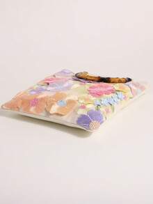 Un bolso de estilo de vacaciones de verano, con un color base beige, decorado con bordado floral 3D vibrante y un asa de bambú. Este bolso cuadrado está hecho de una mezcla de lino y lona, que encarna un encanto rústico encantador. Es el accesorio perfecto para vacaciones en el campo, fiestas de té en el jardín, picnics al aire libre, viajes a la playa y fotografía con temática floral. - Rosa - Ver 5