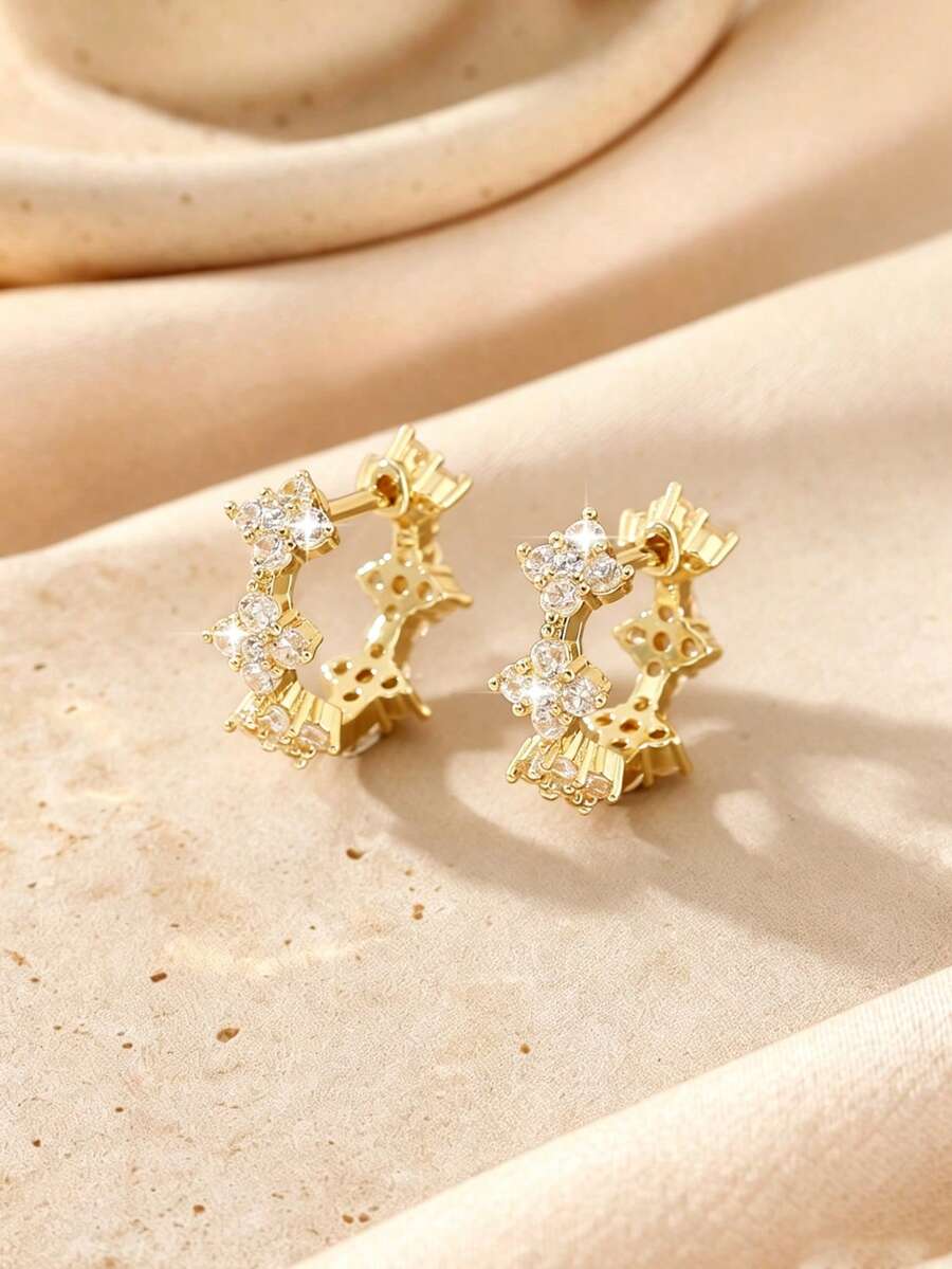 1 Pair Elegant Luxury Copper Flower Petal Round Hoop Earrings, Chic Geometric Earrings, Romantic Gift For Women - Round - View 1
