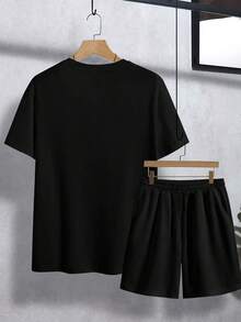 Plus Size 2-Piece Set: Men's Summer Casual 2-Piece Set, Crew Neck T-Shirt With "Balance" Print And Elastic Waist Shorts - Black - View 3