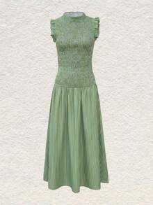 primavera/verano 2026: Un vestido largo versátil adecuado para uso diario, ocasiones casuales, ir al trabajo y estilo callejero., elegante, maduro y femenino, con volantes en los bajos que evocan un ambiente de playa/resort. - Verde Oliva - Ver 6